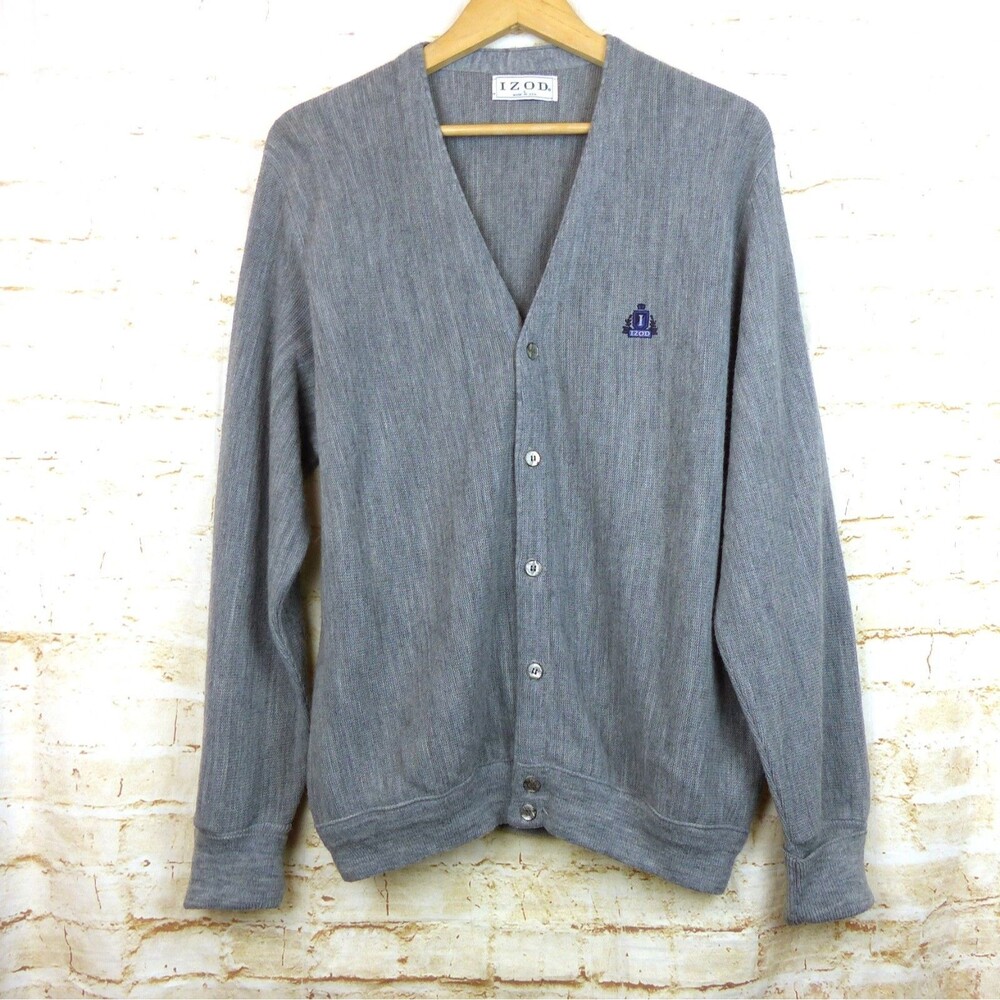 Izod Sweater Mens L Gray 90s Cardigan Button Chest Logo USA VTG Preppy Grandpa